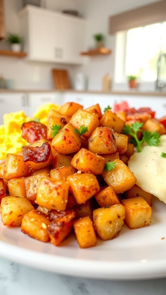 Crispy Air Fryer Breakfast Potatoes Crispy air fryer breakfast potatoes garnished with parsley, served with eggs and bacon on a plate.